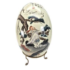 Large Hand-Painted Chinese Porcelain Egg Ornament Decor With Stand JE270